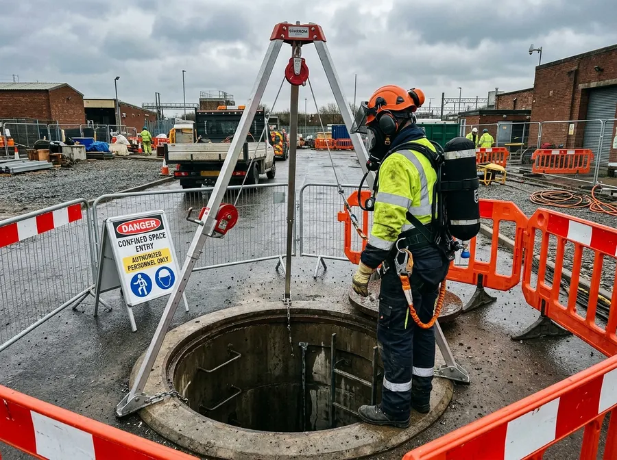 Confined space entry with tripod winch and breathing apparatus