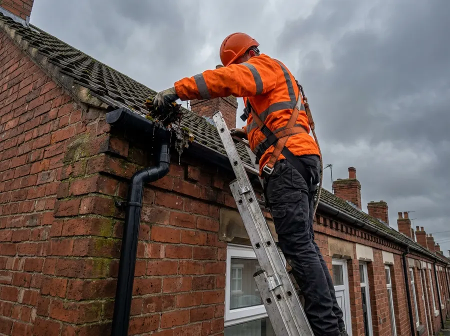 Engineer clearing leaves and moss from a gutter