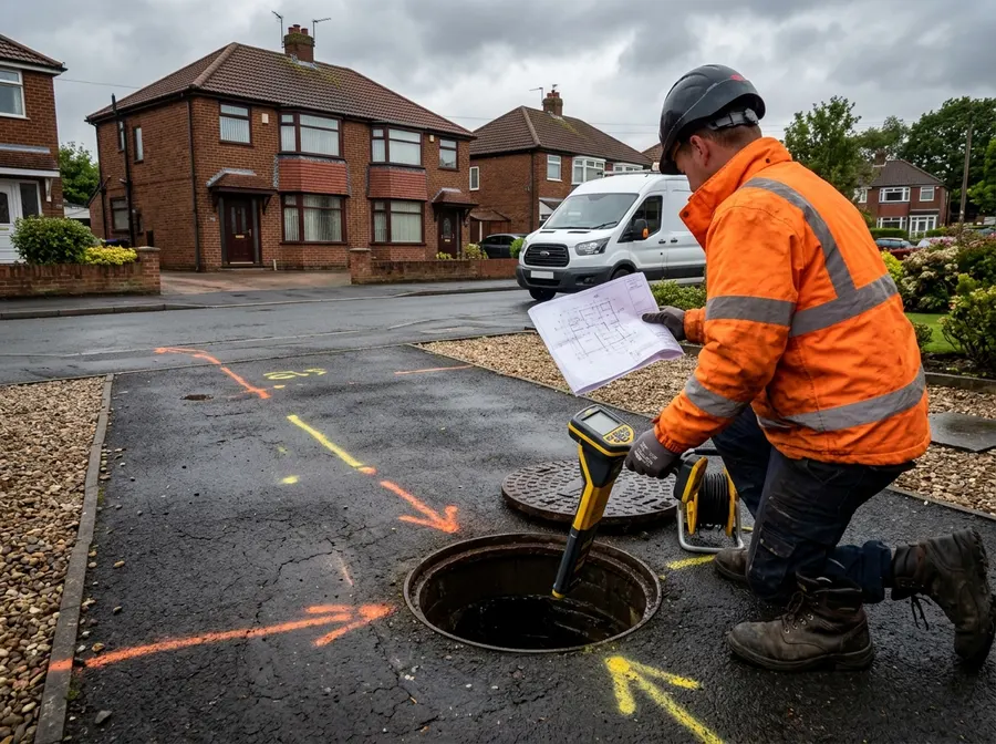 Engineer mapping drain runs with a locator and site plan