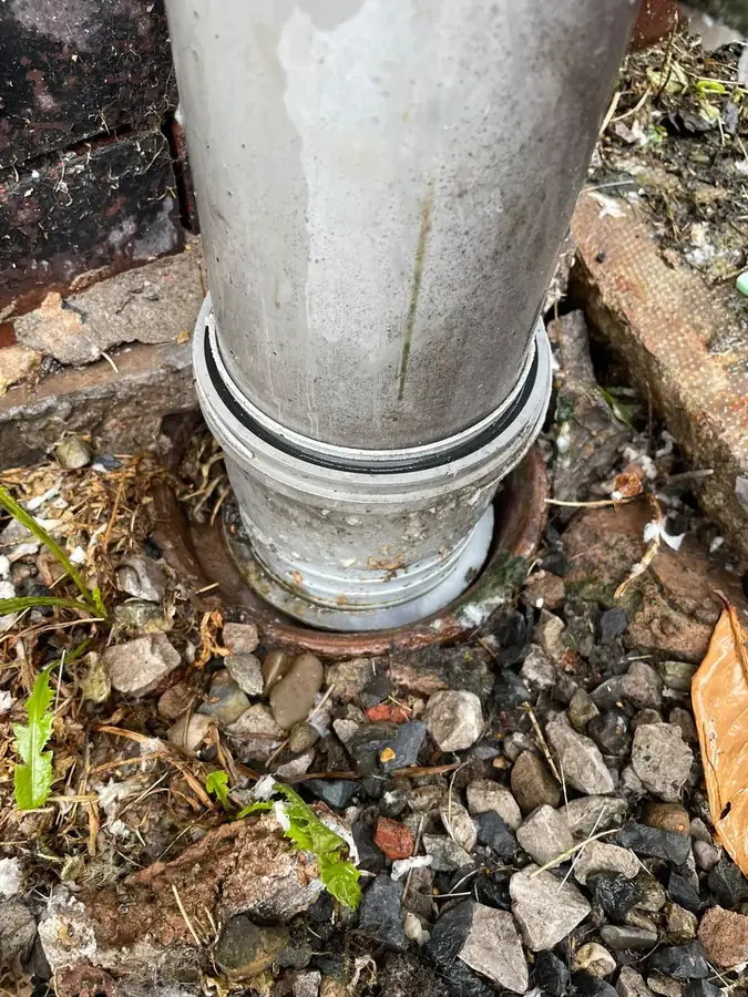 The soil pipe base showing the failed joint connection on Garden Street, Padiham