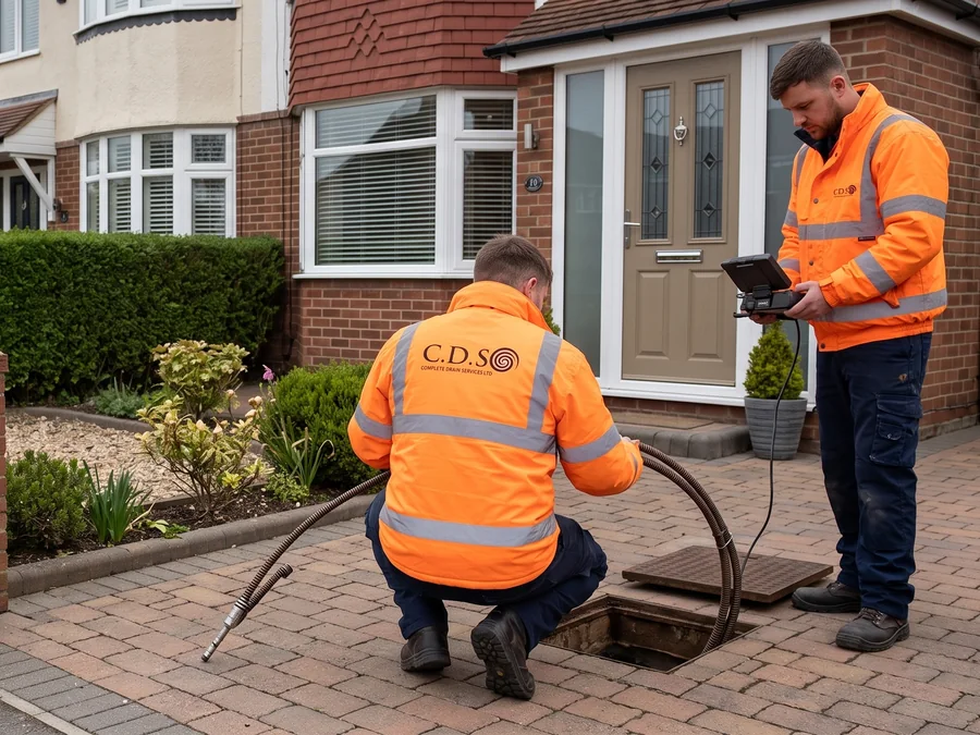 CDS engineers running a CCTV drain survey on a residential driveway